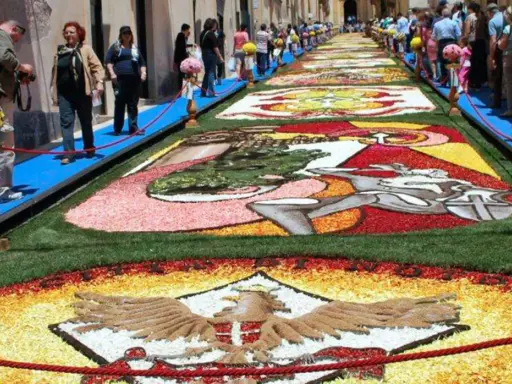 I camminanti di Noto ammirano un tappeto di fiori colorati che decora la strada, un'opera d'arte effimera.