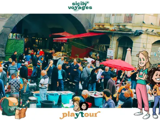 Un vivace mercato a Catania tutti i giorni, con bancarelle piene di pesce fresco e gente che fa acquisti.