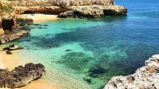 Una caletta nascosta con sabbia dorata e acque cristalline, tipica del mare in Puglia. Rocce calcaree scolpite dal vento incorniciano questo angolo di paradiso.