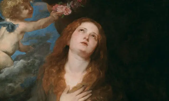 Un putto offre fiori a Santa Rosalia, protettrice di Palermo, in un'estasi mistica.