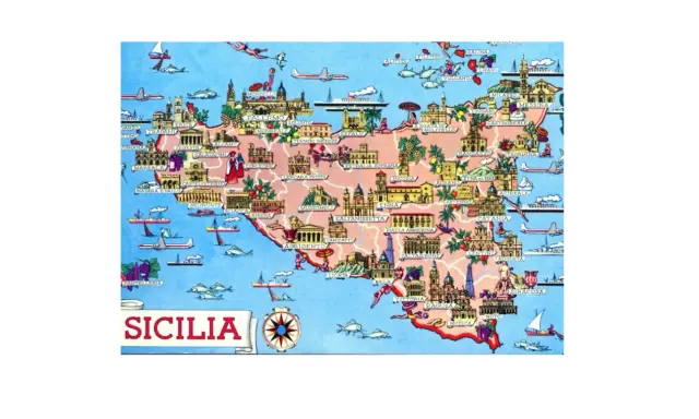Mappa illustrata della Sicilia con città, monumenti e simboli marittimi, che evoca proverbi e filastrocche siciliane.
