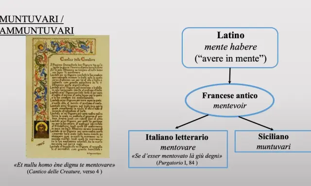 Il Cantico delle Creature di San Francesco, con la frase "Et nullu homo ène dignu te mentovare", mostra l'evoluzione del verbo "mentovare" dal latino al siciliano, passando per il francese antico e l'italiano letterario.