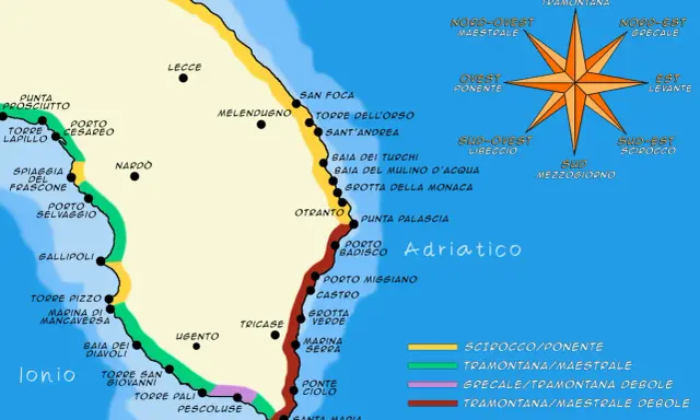 Mappa del Salento con indicati luoghi come Gallipoli, Otranto e Santa Maria di Leuca. La costa ionica e adriatica mostra la spiaggia più bella del Salento.