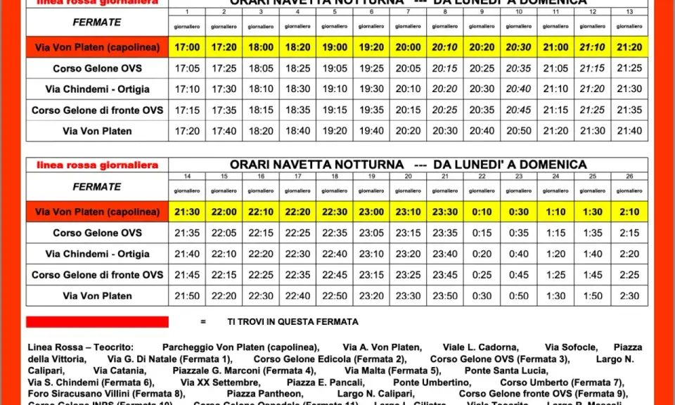 Orari navetta notturna Siracusa-Ortigia. La distanza tra le fermate è indicata dagli orari.