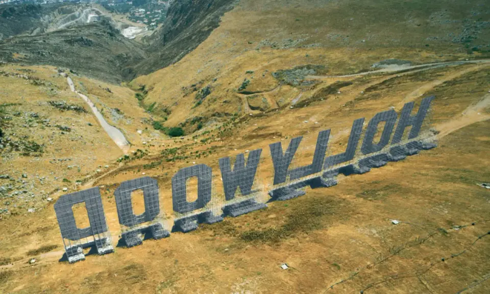 Aerial view of the "HOLLYWOOD" sign in Palermo, Italy, set against a dry, hilly landscape.