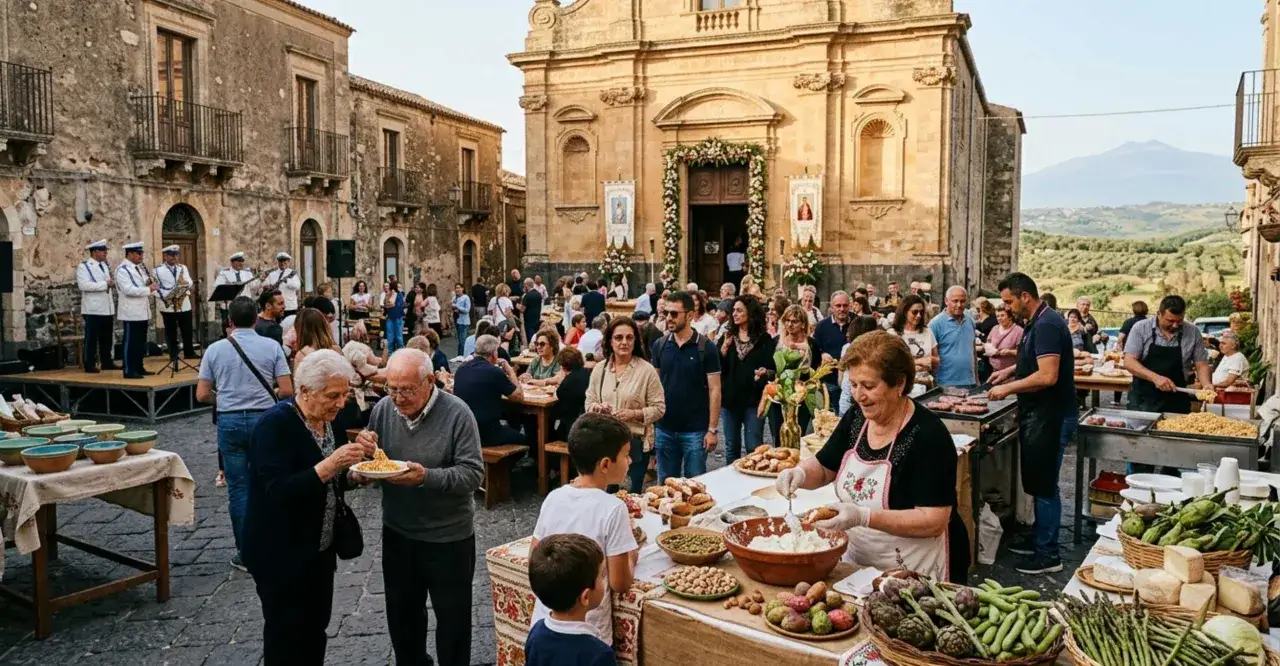 Festa in piazza con banda musicale e stand gastronomici. Un'anziana coppia assaggia un piatto di pasta, mentre altri gustano le specialit&agrave; locali. Sicilia bedda frasi.