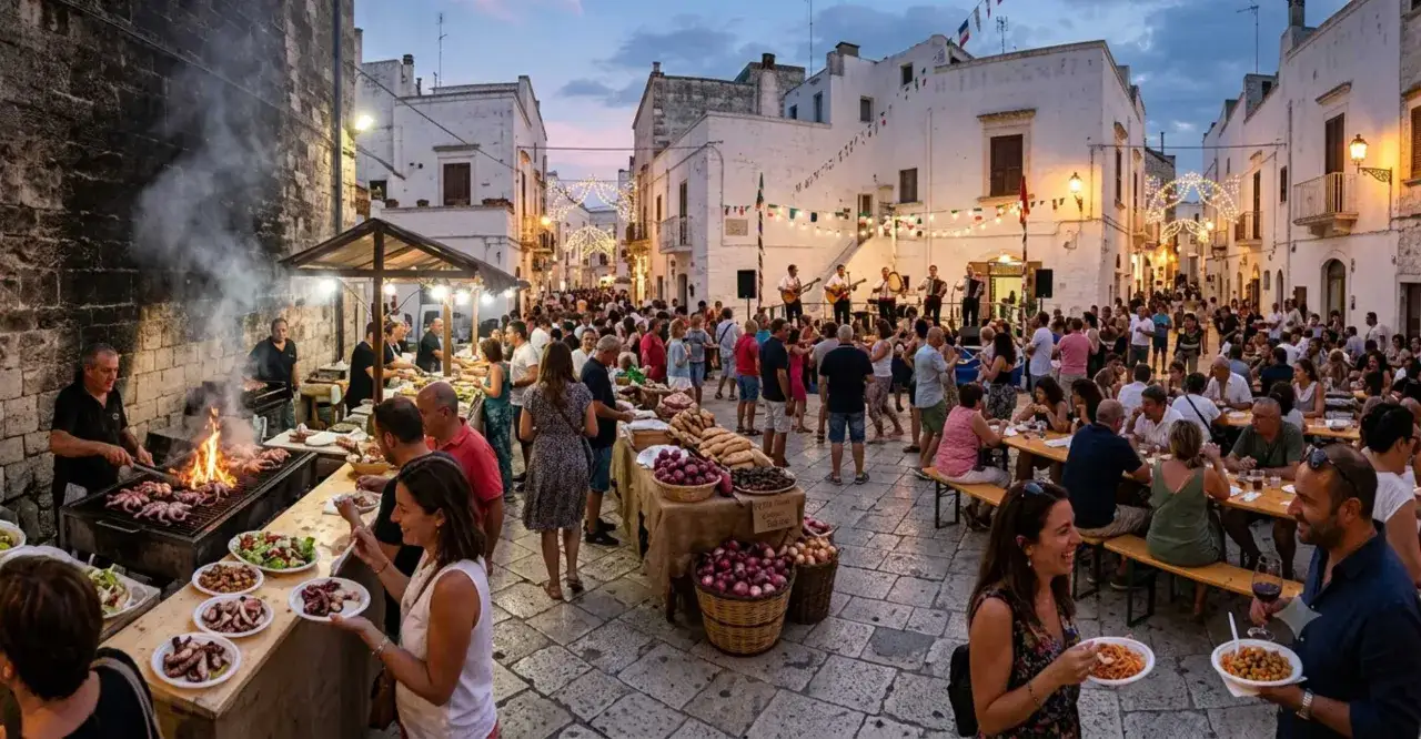 Festa di paese con musica dal vivo, bancarelle di cibo e gente che mangia e balla. Il vero sagra significato &egrave; la gioia condivisa.