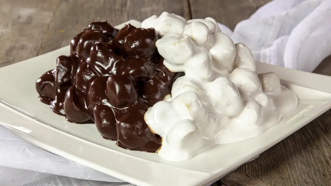 A white plate holds a dessert split into two halves: one covered in dark chocolate, the other in white icing.