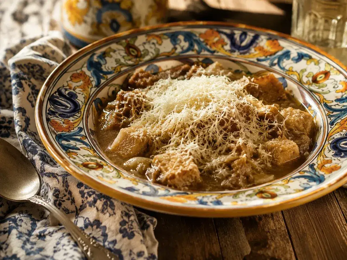 Un piatto di pane cotto siciliano, ricco e saporito, con crostini e formaggio grattugiato, servito in un'elegante ciotola decorata.