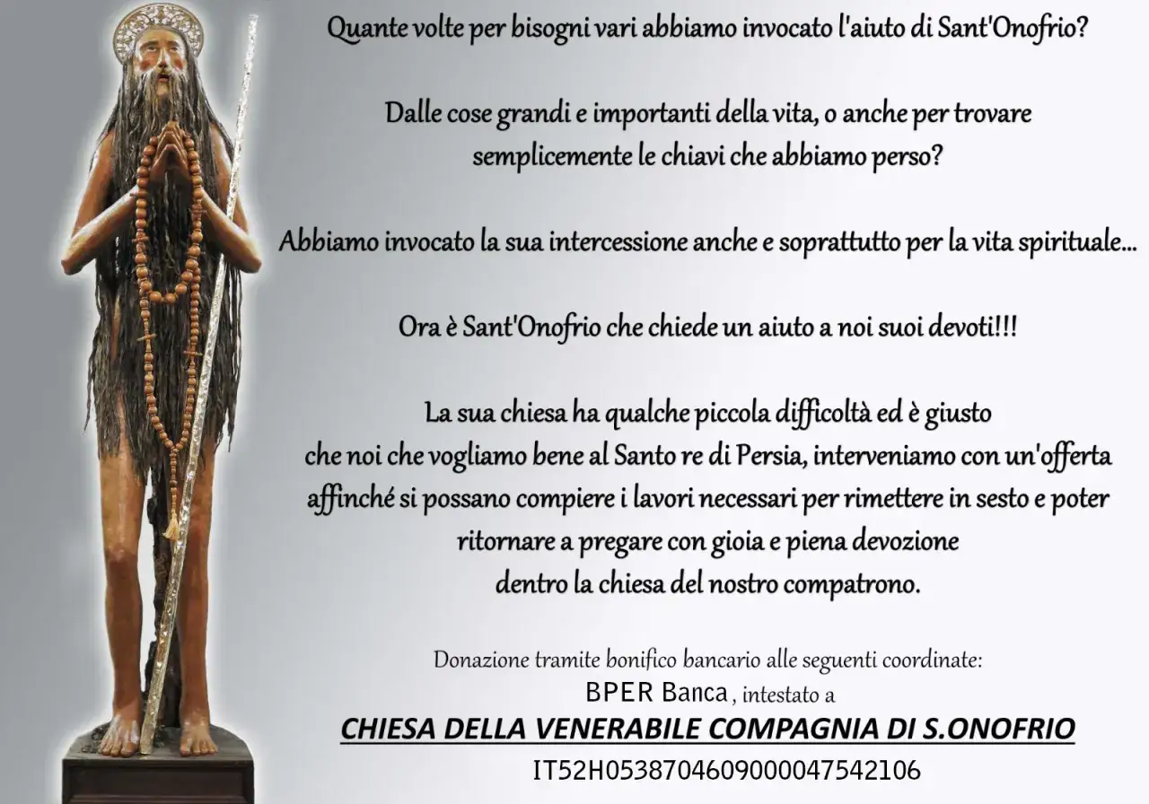 Statua di Sant'Onofrio Pilusu, con lunga barba e capelli, in preghiera, con rosario. Invoca il suo aiuto per la chiesa.