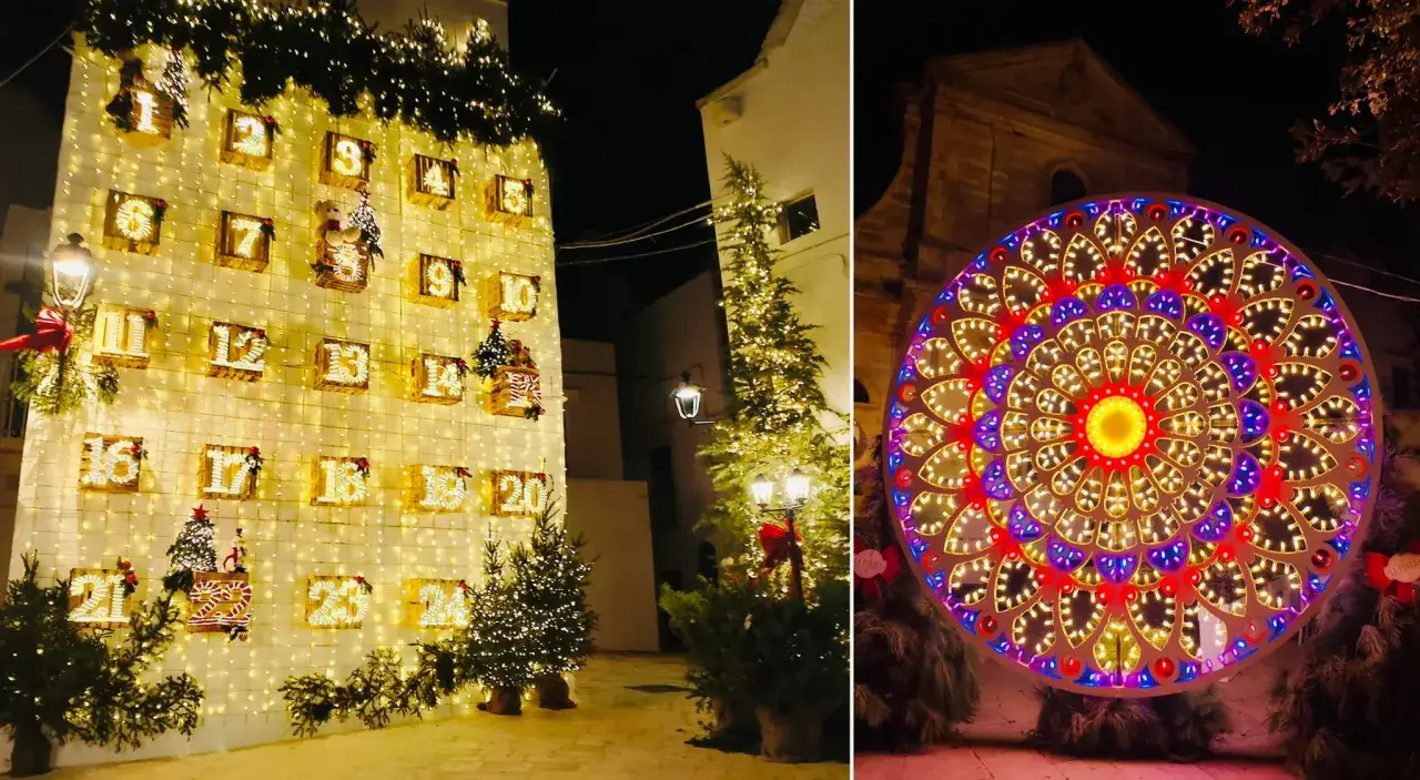 Le luminarie di Locorotondo creano un'atmosfera magica con un calendario dell'avvento gigante e una grande ruota decorativa illuminata.