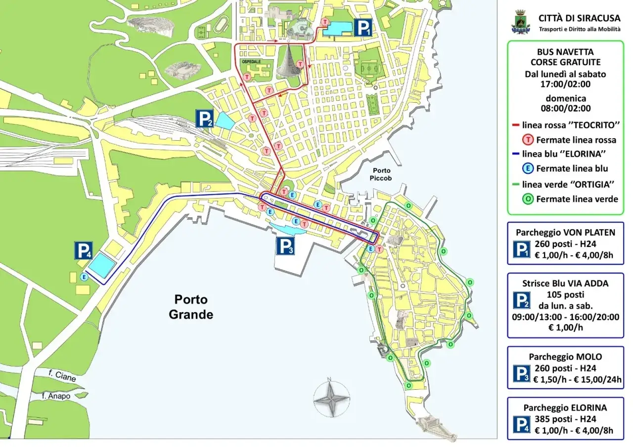 Mappa di Siracusa con percorsi bus gratuiti. Mostra la distanza tra Siracusa e Ortigia, con fermate e parcheggi indicati.