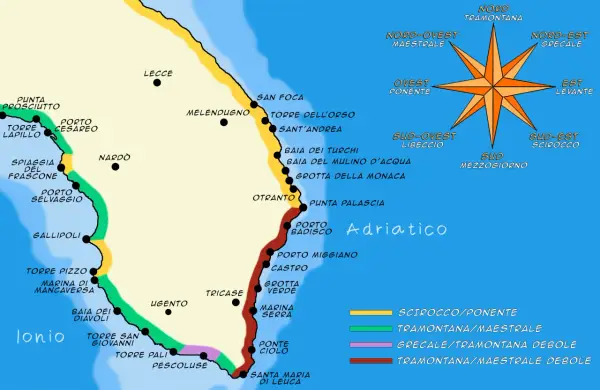 Mappa del Salento con indicati luoghi come Gallipoli, Otranto e Santa Maria di Leuca. La costa ionica e adriatica mostra la spiaggia più bella del Salento.